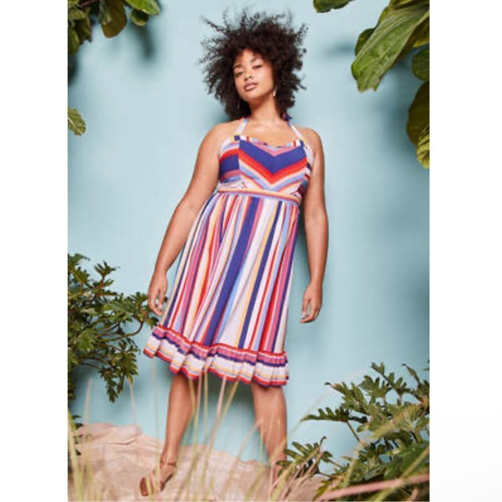 MODCLOTH Frequently Piquant Colorful Striped Halter Dress